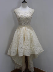 champagne lace high low prom dress