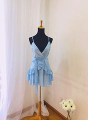 Beautiful Light Blue Chiffon Straps Mini Dress, Women Summer Dresses 2019