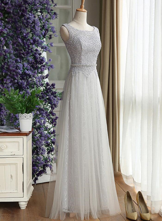 grey tulle long party dress