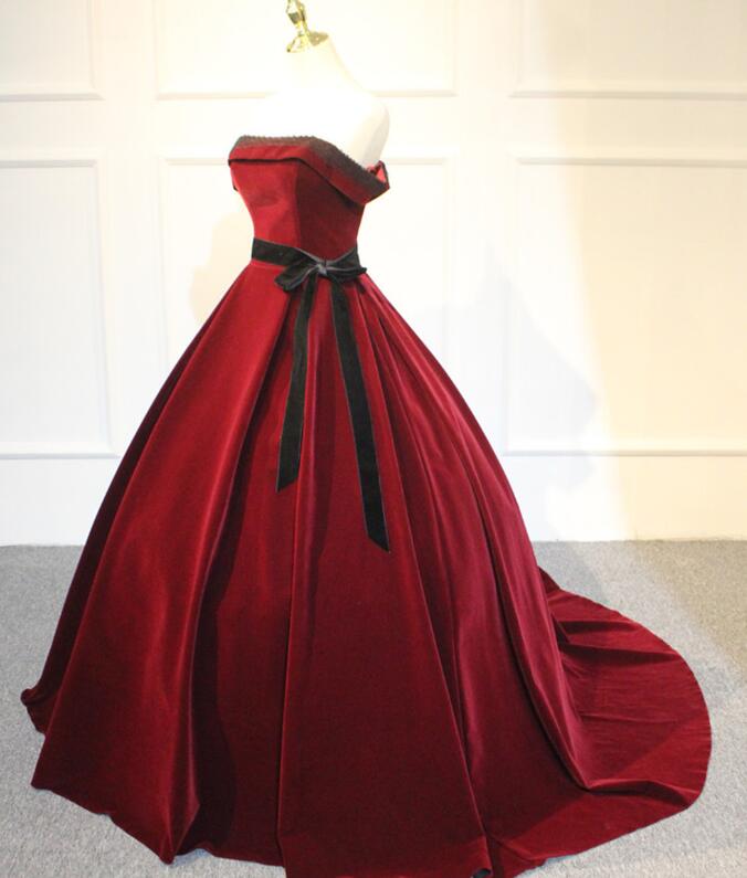 Elegant Wine Red Velvet Sweet 16 Gown with Belt, Off Shoulder Party Go Cutedressy Elegant Wine Red Velvet Sweet 16 Gown with Belt, Off Shoulder Party Go Cutedressy