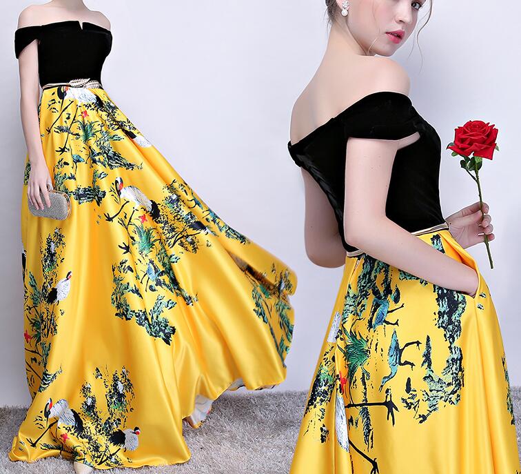 Yellow Floral Satin Long Off Shoulder Formal Gowns, New Style Prom Dress , Party Gowns
