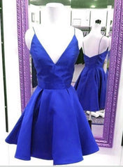 Royal Blue Short V-neckline Mini Homecoming Dress, Cute Party Dress, Simple Satin Party Dress