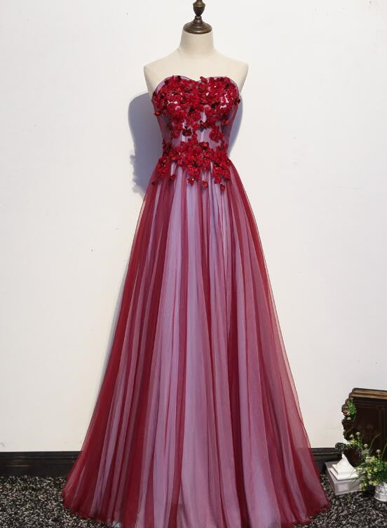 red sweetheart tulle long prom dress 2020