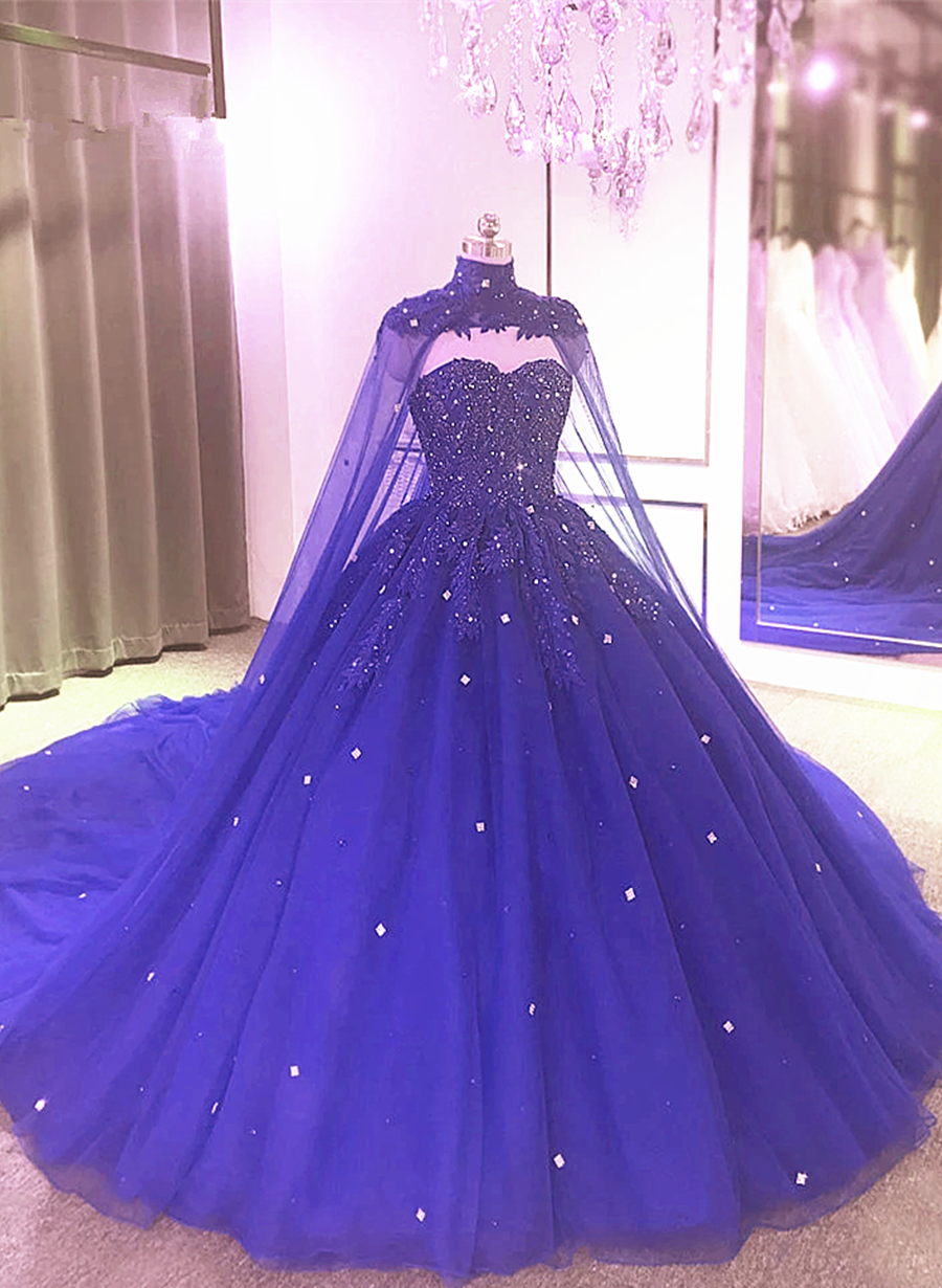 Royal Blue Beaded Sparkle Tulle Ball Gown Formal Dress, Blue Wedding Party Dress