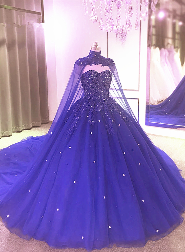 Royal Blue Beaded Sparkle Tulle Ball Gown Formal Dress, Blue Wedding P ...