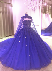 Royal Blue Beaded Sparkle Tulle Ball Gown Formal Dress, Blue Wedding Party Dress
