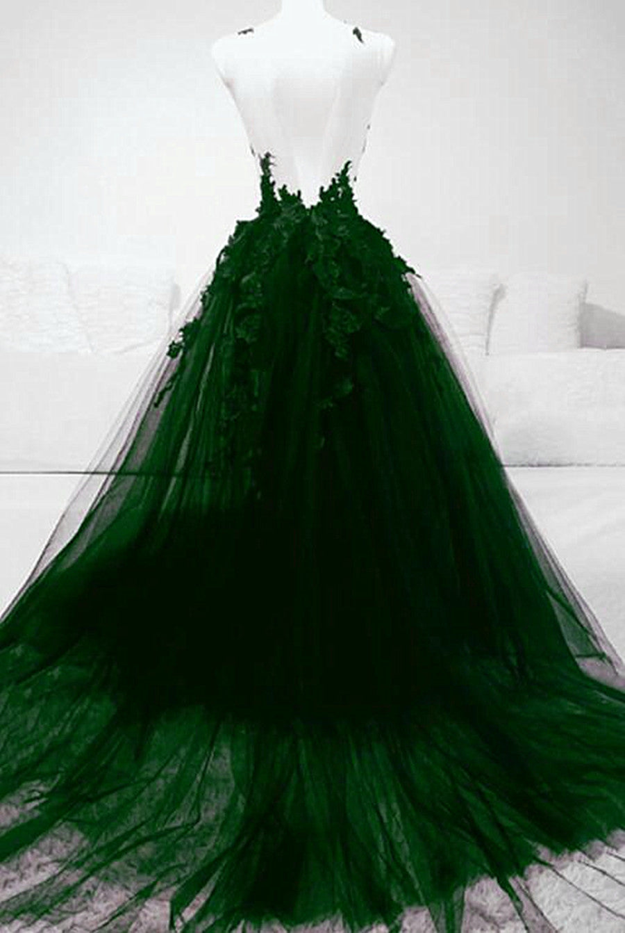 Dark Green Tulle with Lace Deep Neckline Backless Prom Dress, Dark Gre Cutedressy Dark Green Tulle with Lace Deep Neckline Backless Prom Dress, Dark Gre Cutedressy