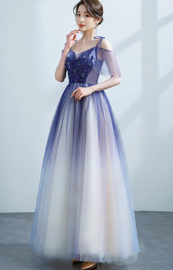 Purple Tulle Gradient Straps Beaded Long Party Dress, New Style A-line Tulle Prom Dress