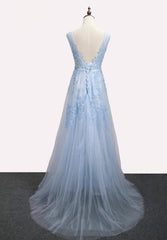 Light Blue V-neckline Long Lace Applique Prom Dress, Tulle Formal Dress Evening Dress