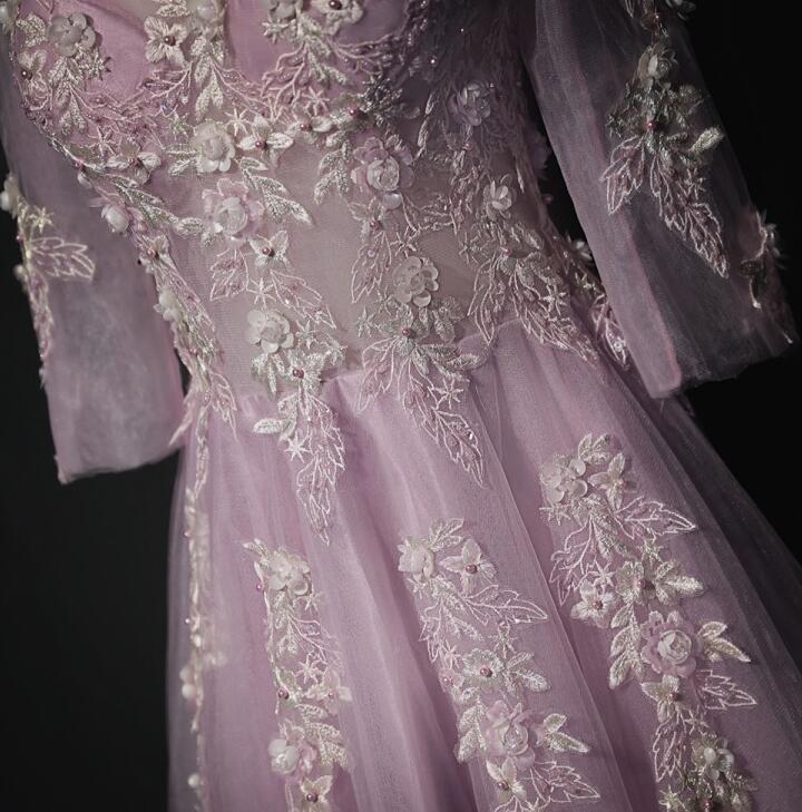 Pink Tulle Flower Lace V-neckline Floor Length Party Dresses, Lovely Pink Prom Dress