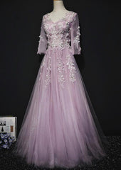 Pink Long Sleeves Tulle with Flowers V-neckline Prom Dress, A-line Pink Bridesmaid Dress Party Dress