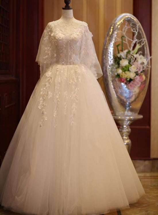 Charming Beautiful Ivory Tulle with Flowers Long Wedding Party Dress, Tulle Simple Wedding Dress