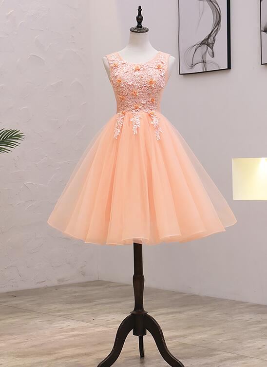 Cute Pink Flowers and Lace Applique Round Neckline Party Dress, Pink Homecoming Dress