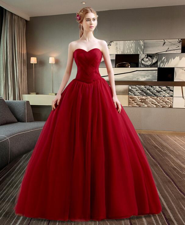 Wine Red Tulle Floor Length Ball Gown Sweet 16 Dress, Dark Red Formal ...