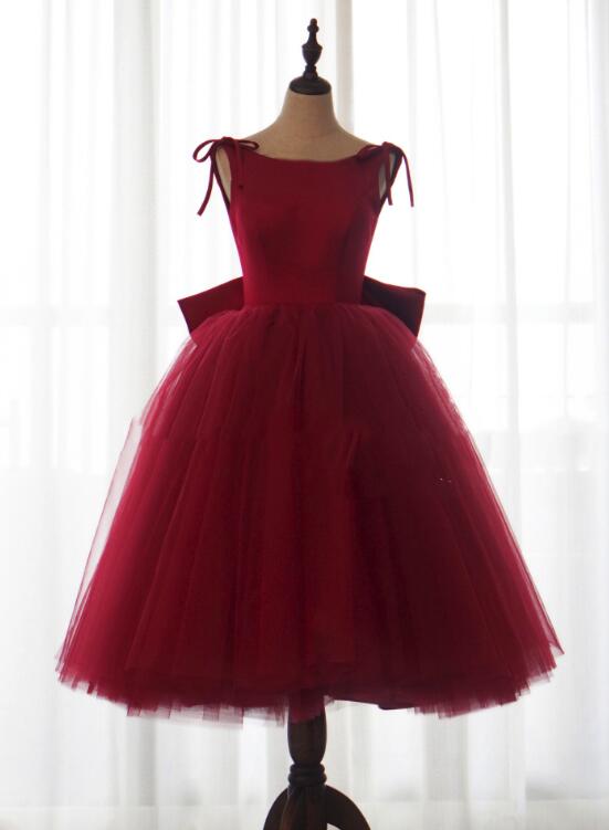 Charming Dark Red Tulle Vintage Tea Length Party Dress, Formal Dress with Bow, Lovely Party Dresses