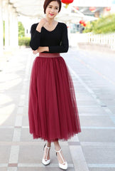 Wine Red Tulle Long Skirt, Women Tulle Skirts, Fashionable Women Skirts