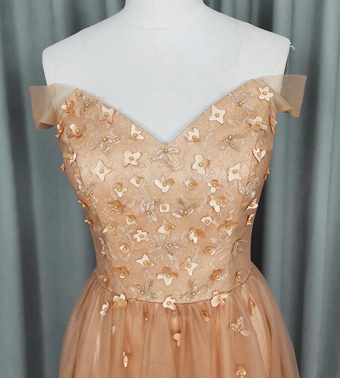 Champagne Off Shoulder A-Line Long Party Dress,DP1949