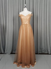 Beautiful Champagne Off Shoulder Tulle A-line Party Dress, Long Prom Dress