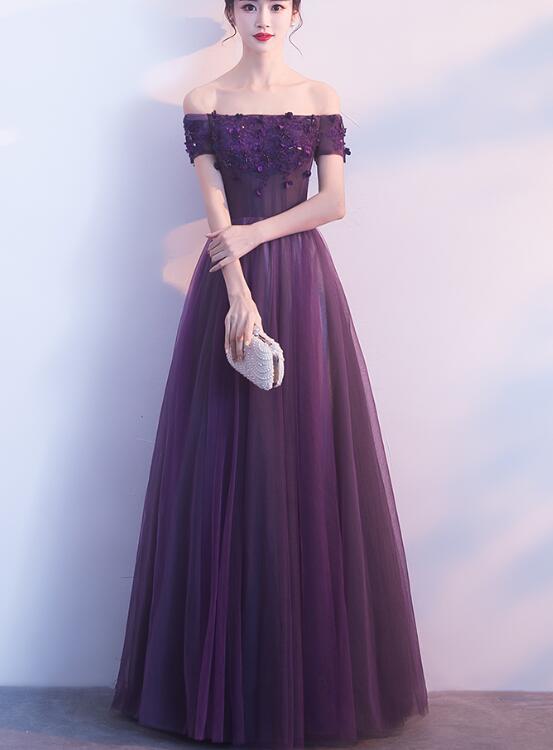 purple tulle long prom dress