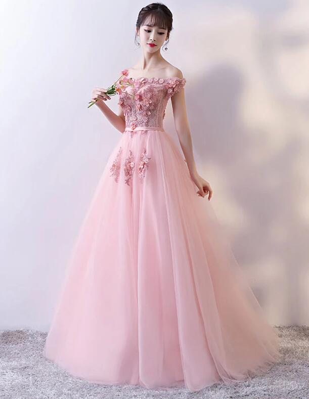 Elegant Pink Flower Lace Applique Long Tulle Prom Dress, Pink Party Gown