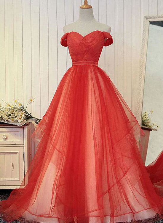 red off the shoulder tulle gown