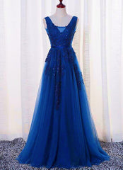 Elegant Blue Lace Applique Long Party Dress , Blue Prom Dress