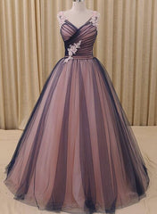 Navy Blue and Pink A-Line V-Neck Prom Dress,Tulle Ball Gown Formal Evening Dress