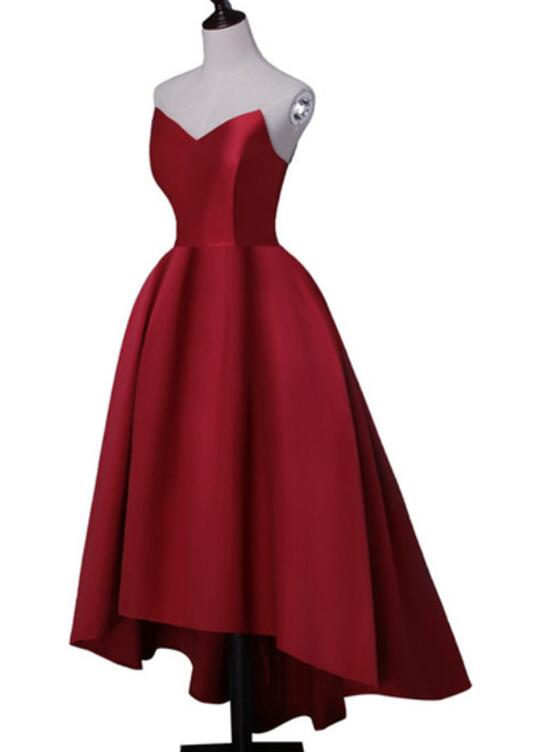 Red Sweetheart High Low Satin Party Dress, Red Formal Dresses, Red Party Dresses