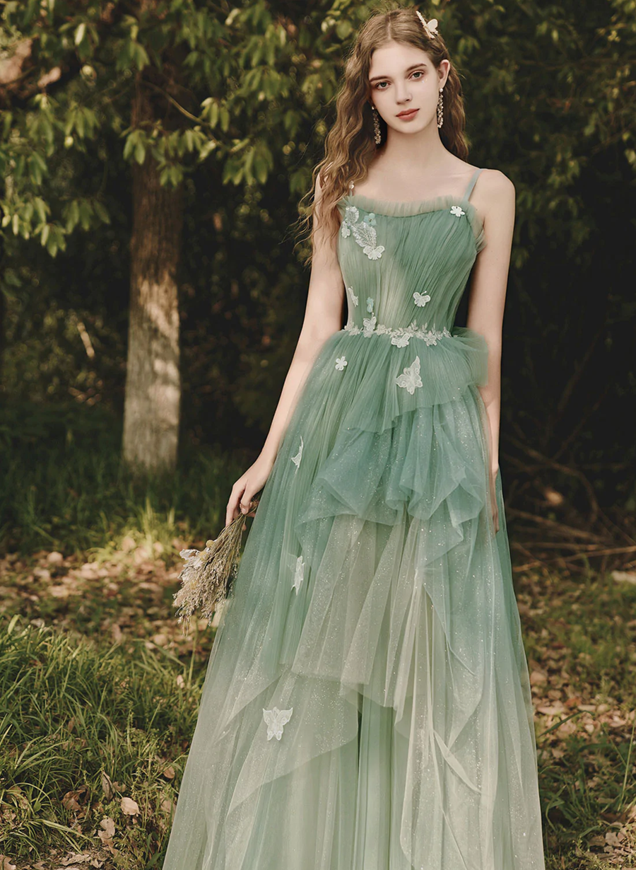Green Lovely Tulle Straps Long Simple Prom Dress, Green Evening Dress ...
