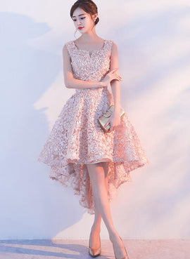 Lovely Pink High Low Lace Party Dress, Lovely Formal Dress
