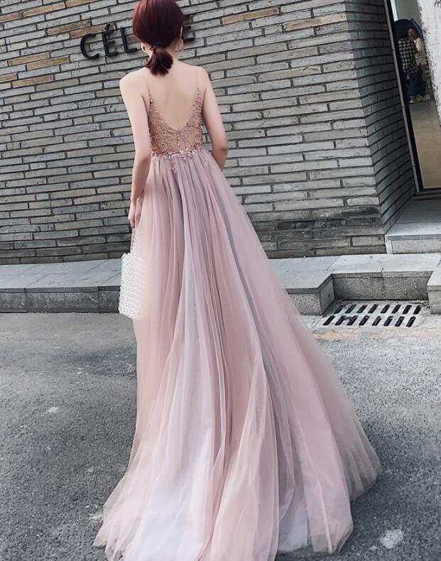 Pink Beaded High Slit Spaghetti Straps Long Junior Prom Dress, V Back Party Dress