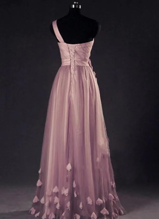 Dark Pink One Shoulder Flowers Tulle Bridesmaid Dresses, A-line Pink Prom Dresses