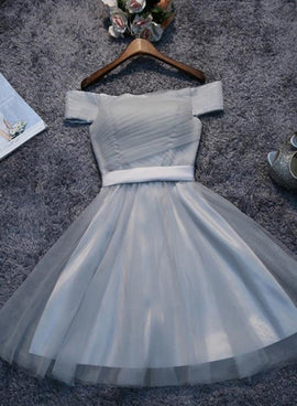 Grey Tulle Homecoming Dresses, Off Shoulder Short Party Dress, Knee Length Formal Dress