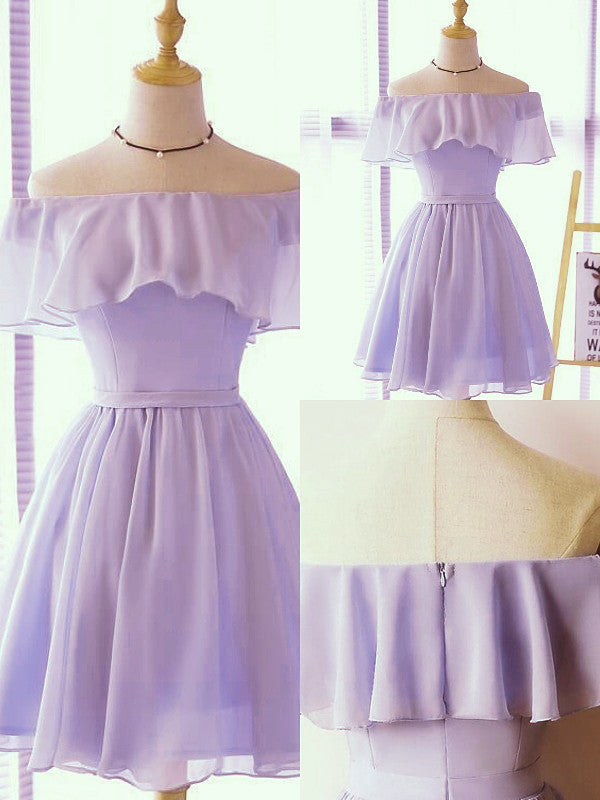 Simple Light Purple Chiffon Off the Shoulder Bridesmaid Dress, Short Party Dress