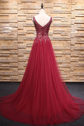 Wine Red Tulle Leg Slit Long Shiny Prom Dress , Tulle Formal Gowns, Party Dresses