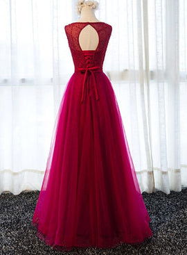 Wine Red Tulle Beaded Long Party Gowns, Handmade Formal Gowns, Prom Dresses