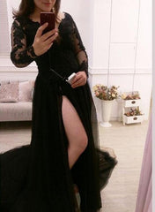 Sexy Black Evening Gowns, Long Sleeves V-neckline Party Dresses, Formal Dresses