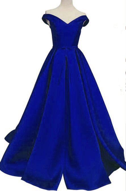 Royal Blue Off Shoulder Satin Party Dress, Blue Formal Dress, Blue Evening Gowns