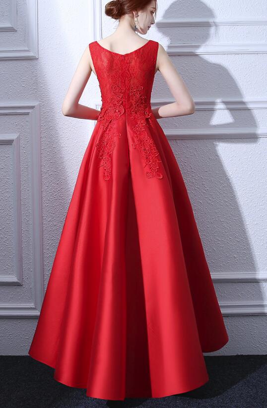 Beautiful Red Satin and Lace High Low Round Neckline Party Dress, Red Cutedressy Beautiful Red Satin and Lace High Low Round Neckline Party Dress, Red Cutedressy
