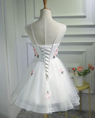 White Short Cute Graduation Party Dress , Lovely Prom Dress , Formal Dress Tulle with Flowers