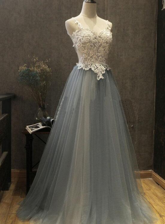 Grey Tulle and Applique Sexy A-line Long Formal Dress, Grey Party Dress, Formal Dress