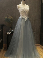 Grey Tulle and Applique Sexy A-line Long Formal Dress, Grey Party Dress, Formal Dress
