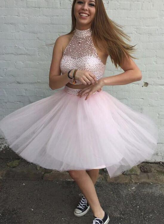 Pink Two Piece Homecoming Dresses, Beaded Short Prom Dresses, Lovely Formal Dresses