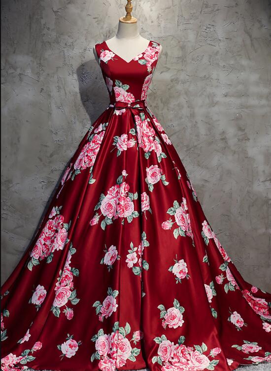 Dark Red Floral V-neckline Gorgeous Gowns, Red Formal Gowns, Pretty Floral Formal Dresses