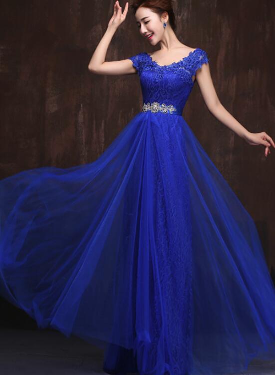 Blue Cap Sleeves Lace and Tulle with Belt Party Dress, Charming Formal Gowns for Sale, Pretty Dresses