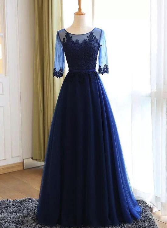 High Quality Long A-line Scoop Neck Floor-Length Tulle Appliqued Prom Dresses, Charming Formal Gowns