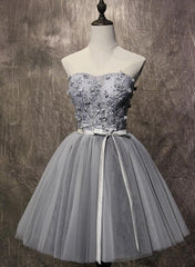 Lovely Tulle Short Grey Tulle  Lace Up Short Dresses Homecoming With Applique, Teen Party Dress, Woman Formal Dresses