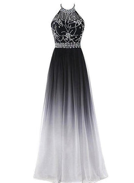 Black and White Gradient Long Halter Beaded Chiffon Party Dress, Charming Formal Dress, Handmade Evening Gowns