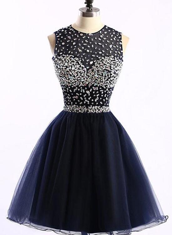 Navy Blue Sparkle Beaded Homecoming Dresses, Round Neckline Party Dress, Short Prom Dresses