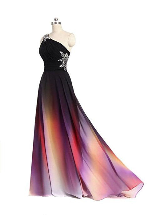 One Shoulder Beaded Gradient Chiffon Long Party Dress, Gradient Formal Gowns